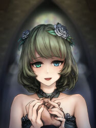  1girl 1other bare_shoulders blue_eyes collarbone commentary_request detached_collar flower green_eyes green_hair hair_flower hair_ornament hand_grab heterochromia idolmaster idolmaster_cinderella_girls kusaba_eru_(happy_crystal) medium_hair mole mole_under_eye open_mouth portrait pov pov_hands smile straight-on takagaki_kaede 