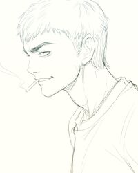  1boy character_request cigarette copyright_request from_side highres lineart male_focus monochrome parted_lips portrait shirt short_hair sketch smoking solo stanley_lau 