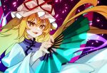  1girl artist_name blonde_hair cherry_blossoms dress floating_hair hair_between_eyes hand_fan hat hat_ribbon holding holding_fan long_hair long_sleeves mob_cap petals purple_dress red_ribbon ribbon solo tojorin touhou upper_body white_headwear white_sleeves yakumo_yukari yellow_eyes 