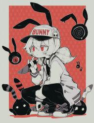  1girl amissio animal_ears baseball_cap blush border closed_mouth commentary english_commentary eyelashes full_body hair_between_eyes hat hat_writing holding holding_knife jacket knife limited_palette long_hair long_sleeves noz_(amissio) o_o open_clothes open_jacket pants parororo rabbit_ears rabbit_girl red_background red_eyes shoelaces shoes skull_and_crossbones socks squatting twintails white_border 