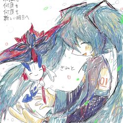  abstract aqua_eyes aqua_hair aqua_necktie arm_tattoo bare_shoulders closed_eyes colored_skin commentary detached_sleeves floette floette_(eternal) hair_between_eyes hair_ornament hatsune_miku highres myon_x necktie open_mouth pokemon shirt sketch skirt sleeveless tattoo vocaloid white_skin wind 