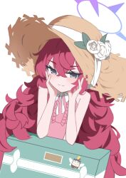  absurdres anma21 blue_archive blue_halo blush fluffy_hair green_eyes halo hat highres iroha_(blue_archive) iroha_(swimsuit)_(blue_archive) looking_at_viewer one-piece_swimsuit pink_one-piece_swimsuit red_hair straw_hat suitcase swimsuit white_background 
