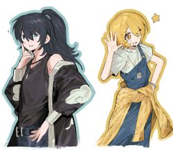  1boy 1girl black_jacket black_shirt blonde_hair blue_overalls clothes_around_waist cloud_print commentary_request cowboy_shot don_quixote_(project_moon) grin highres hong_lu_(project_moon) hyoumondako jacket jacket_around_waist limbus_company looking_at_viewer one_eye_closed overalls project_moon shirt simple_background sleeveless sleeveless_shirt smile white_background white_shirt yellow_eyes yellow_jacket 