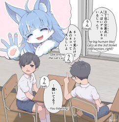  3boys :3 :d ahoge animal_ear_fluff animal_ears bilingual_text black_eyes black_hair blue_fur blue_hair cat_boy cat_ears cat_tail chair classroom closed_eyes commentary_request desk distracted furry furry_male glasses highres imagining index_finger_raised indoors japan_air_self-defense_force japan_air_self-defense_force_omaezaki_sub-base japan_self-defense_force light_blush long_hair looking_to_the_side male_focus military mixed-language_text multiple_boys neck_fur omaneko open_mouth orizuru school_chair school_desk shirt short_hair shorts sitting smile speech_bubble tail thought_bubble trap twitter_username two-tone_fur waving whiskers white_fur white_shirt 