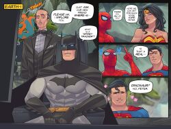  1girl 4boys alfred_pennyworth bat_mask batman batman_(series) belt black_hair bodysuit clark_kent commentary cowl crossover dc_comics derkdrew124 english_commentary grey_bodysuit highres marvel multicolored_bodysuit multicolored_suit multiple_boys smile spider-man spider-man_(series) superhero_costume superman superman_logo taut_bodysuit taut_clothes two-tone_bodysuit two-tone_suit utility_belt wonder_woman 