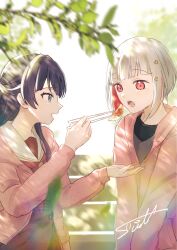  2girls black_shirt bloom_garden_party_jacket blue_eyes blue_hair brown_dress colored_inner_hair commentary_request dollchestra dress dumpling feeding food hair_ornament half_updo hasu_no_sora_school_uniform highres jiaozi long_hair long_sleeves looking_at_another love_live! love_live!_hasu_no_sora_jogakuin_school_idol_club love_live!_hasu_no_sora_jogakuin_school_idol_club_bloom_garden_party making-of_available multicolored_hair multiple_girls murano_sayaka neckerchief on_bench open_mouth profile red_eyes red_hair red_neckerchief red_streaks sailor_collar sailor_dress school_uniform shirt signature sitting star_(symbol) star_hair_ornament streaked_hair suito teeth upper_body virtual_youtuber white_hair white_sailor_collar winter_uniform yugiri_tsuzuri 