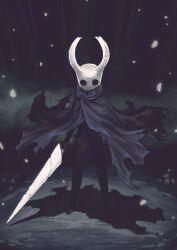  1other black_background black_cloak black_eyes black_skin cloak colored_skin commentary_request empty_eyes english_commentary facing_viewer floating_cape full_body holding holding_nail holding_weapon hollow_knight horned_mask jun_(navigavi) knight_(hollow_knight) light_particles mask mixed-language_commentary nail_(hardware) nail_(hollow_knight) old_nail_(hollow_knight) shadow standing weapon white_mask 