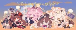  4girls :d ahoge angelina_(arknights) angelina_the_mellow_wish_(arknights) animal_ear_fluff animal_ears arknights bag black_bag black_collar black_hairband box brown_bag brown_hair cardboard_box chibi chibi_only chigui_jihe chinese_commentary collar commentary_request floating fox_ears fox_girl gloves gradient_background grey_eyes hair_between_eyes hairband highres hiking_backpack holding holding_umbrella ice_cream_cone infection_monitor_(arknights) jacinta_(arknights) long_hair looking_at_viewer multicolored_hairband multiple_girls one_eye_closed orange_gloves outline pink_eyes pink_hair purple_background rabbit_ears rabbit_girl raccoon_ears raccoon_girl smile sparkle thumpy_(arknights) timeslot_(arknights) twintails two-tone_hairband umbrella very_long_hair white_hair white_umbrella 