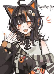  1girl :d ahoge amemona55 animal_ear_headphones animal_ears black_dress black_hair black_nails cat_ear_headphones cat_ears dress fake_animal_ears happy_birthday headphones highres light_blush mahou_shoujo_no_majo_saiban medium_hair nail_polish orange_eyes orange_hair orange_nails sawatari_coco sharp_teeth simple_background smile solo teeth upper_body upper_teeth_only white_background 