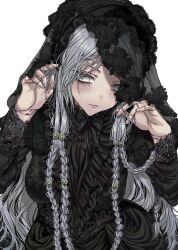  1girl black_dress black_veil braid commentary_request doll doll_joints dress elden_ring elden_ring_nightreign fangs frilled_dress frills highres joints kayanogura official_alternate_costume open_mouth revenant_(elden_ring) solo twin_braids upper_body veil violet_eyes white_background white_hair 