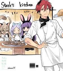  1boy 3girls :3 animal_ear_hairband animal_ears black_hair black_neckerchief black_roots brown_eyes brown_hair cat_ear_hairband cat_ears character_name chef chewing commentary_request dress eating fake_animal_ears fern food food_on_face fork frieren hair_between_eyes hairband hand_on_own_hip highres holding holding_fork jacket long_hair multiple_girls nanahachi_77889 neckerchief parted_bangs purple_hair rabbit_ear_hairband rabbit_ears red_eyes red_hair sense_(sousou_no_frieren) sousou_no_frieren stark_(sousou_no_frieren) thick_eyebrows twitter_username violet_eyes white_dress white_jacket 