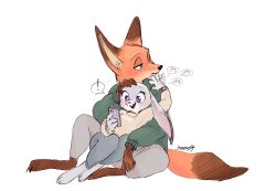  ! 1boy 1girl afterimage alternate_costume animal_ears animal_feet animal_nose arm_up artist_name barefoot blush body_fur brown_fur brown_sweater buck_teeth cellphone commentary ears_down fox_boy fox_ears fox_tail full_body furry furry_female furry_male furry_with_furry green_eyes green_sweater grey_fur grey_pants half-closed_eyes hand_on_another's_chin hand_on_another's_head hand_up happy hetero highres holding holding_phone interspecies judy_hopps light_blush long_sleeves looking_at_phone looking_to_the_side meme_(penpengusa_no_meme) motion_lines multicolored_fur nick_wilde open_mouth orange_fur pants phone rabbit_ears rabbit_girl signature simple_background sitting sitting_on_lap sitting_on_person smartphone smile snout speech_bubble spoken_exclamation_mark sweater tail teeth translation_request two-tone_fur untranslatable_commentary violet_eyes white_background white_fur wide-eyed yellow_fur zootopia 
