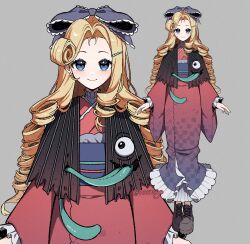  1girl alternate_costume ankle_boots arms_at_sides artist_name blonde_hair blue_bow blue_eyes blue_kimono blue_nails blue_sash boots bow closed_mouth commentary curtained_hair densetsu.exe drill_hair earrings english_commentary fingernails frilled_kimono frills full_body gradient_clothes gradient_kimono grey_background grey_boots hair_bow hair_ornament hairclip high_collar highres japanese_clothes jewelry kimono lace-up_boots large_bow long_hair long_sleeves looking_at_viewer michael_(victoria_roman) multiple_drills nackoyo nail_polish obi obiage obijime parted_bangs pearl_earrings print_kimono red_kimono sash simple_background smile standing straight-on twitter_username victoria_roman virtual_youtuber zoom_layer 