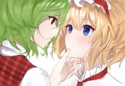  2girls alice_margatroid blonde_hair blue_eyes blush capelet chinese_commentary closed_mouth commentary_request ehextra eye_contact frilled_hairband frills green_hair hairband hand_on_another's_chin highres imminent_kiss kazami_yuuka looking_at_another medium_hair multiple_girls plaid_clothes plaid_vest portrait red_eyes red_hairband red_vest shirt simple_background touhou vest white_background white_capelet white_shirt yuri 