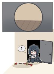  1girl ? black_hair black_jacket black_pants collared_shirt confused e.g.o_(project_moon) gre_gre3 highres id_card jacket jacket_on_shoulders knees_up lcb_uniform_(project_moon) limbus_company open_door pants peephole project_moon red_eyes renketsuen_(e.g.o) ryoshu_(project_moon) shirt short_hair sitting solo spoken_question_mark sword unlit_cigarette_in_mouth weapon white_shirt 