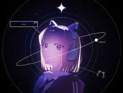  1girl animal_ear_headphones animal_ears black_background black_jacket black_necktie blunt_bangs blunt_ends bob_cut brown_hair cat_ear_headphones cat_ears collared_shirt commentary diagonal-striped_clothes diagonal-striped_necktie english_commentary eunonda fake_animal_ears headphones highres hood hood_down hooded_jacket ikizulive!_love_live!_bluebird jacket looking_at_viewer love_live! necktie open_clothes open_jacket orbital_path parted_lips sasaki_shion school_uniform shirt short_hair silent_stella_(love_live!) solo striped_clothes striped_necktie violet_eyes white_shirt window_(computing) 