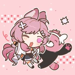  1girl :d ;d ahoge animal_ear_fluff animal_ears arknights bear bewear black_skirt chibi chibi_only chinese_commentary closed_eyes commentary_request crossover full_body highres long_hair one_eye_closed open_mouth pink_background pink_eyes pink_hair pink_theme pokemon pokemon_(creature) rabbit_ears rabbit_girl skirt smile standing thumpy_(arknights) zai_yuzhou_de_jintou_yu_gou_dui_fei 