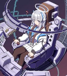  1girl absurdres black_pantyhose blue_archive blue_necktie cockpit commentary_request halo haruwo0096 headgear highres jacket jacket_partially_removed looking_at_viewer mechanical_halo necktie noa_(blue_archive) pantyhose pilot_chair piloting sitting skirt suit two-sided_fabric two-sided_jacket violet_eyes white_hair white_halo white_jacket white_skirt white_suit 