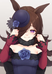  1girl absurdres animal_ears bare_shoulders blue_dress blue_flower blue_hat blue_rose breasts brown_hair commentary_request dress flipped_hair flower fur_choker grey_background hair_over_one_eye hat hat_flower highres horse_ears horse_girl long_hair looking_at_viewer one_eye_covered rea_liser rice_shower_(rosy_dreams)_(umamusume) rice_shower_(umamusume) rose simple_background small_breasts smile tears tilted_headwear umamusume upper_body violet_eyes 