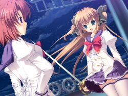  2girls ahoge arm_at_side arms_at_sides asuka_mirai back_ribbon black_bow blue_eyes bow bowtie breasts brown_hair buttons clouds cross-laced_clothes double-breasted fence floating_hair from_behind game_asset hair_bow hair_intakes half_updo hand_on_own_hip highres holding holding_sword holding_weapon iron_fence jacket juliet_sleeves long_hair long_sleeves looking_at_another medium_breasts medium_hair mikeou miniskirt multiple_girls multiple_hair_bows nanairo_kouro night non-web_source on_ship open_mouth outdoors pleated_skirt profile puffy_sleeves purple_sailor_collar purple_skirt red_bow red_bowtie red_hair ribbon rooftop sailor_collar school_uniform self-datamine shirt shoulder_boards skirt sky standing striped_clothes sword thigh-highs two_side_up violet_eyes weapon white_jacket white_ribbon white_shirt white_thighhighs 