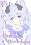  1girl black_ribbon blue_eyes blush bow dated grey_hair hair_between_eyes hair_ribbon hakuryou_high_school_uniform happy_birthday head_tilt highres juliet_sleeves long_hair long_sleeves muv-luv puffy_sleeves purple_bow ribbon school_uniform shio_mikan shirt skirt smile solo twintails very_long_hair white_background white_shirt white_skirt yashiro_kasumi 