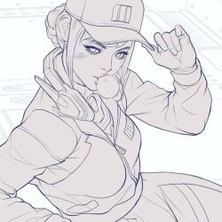  1girl adjusting_clothes adjusting_headwear blowing_bubble_gum chewing_gum commentary d.va_(overwatch) english_commentary hair_bun hat headset jacket lineart looking_at_viewer monochrome overwatch peaked_cap sketch solo stanley_lau 