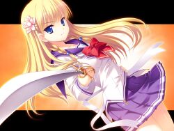  1girl ahoge back_ribbon blonde_hair blue_eyes bow bowtie braid buttons closed_mouth collarbone double-breasted dutch_angle floating_hair flower from_side game_asset hair_bobbles hair_flower hair_ornament hand_on_own_hip hand_up highres holding holding_sword holding_weapon jacket juliet_sleeves lapels legs_together long_hair long_sleeves looking_at_viewer miniskirt nanairo_kouro non-web_source pleated_skirt puffy_sleeves purple_sailor_collar purple_skirt rachel_windsor rakko_(makarakko) red_bow red_bowtie ribbon sailor_collar school_uniform self-datamine shirt skirt solo striped_clothes sword twin_braids weapon white_jacket white_ribbon white_shirt 