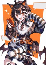  1girl absurdres ahoge animal_ear_headphones animal_ears arm_belt asymmetrical_sleeves belt black_hair black_sweater cat_ear_headphones cat_ears eyeball_hair_ornament fake_animal_ears headphones highres hitomin_(ksws7544) holding holding_phone leg_belt looking_at_viewer mahou_shoujo_no_majo_saiban medium_hair multicolored_hair multicolored_nails off-shoulder_sweater off_shoulder open_mouth orange_belt orange_eyes orange_nails orange_streaks pantyhose phone sawatari_coco sharp_teeth simple_background single_bare_shoulder single_leg_pantyhose solo speech_bubble streaked_hair striped_clothes striped_pantyhose striped_sleeves stuffed_animal stuffed_cat stuffed_toy sweater teeth 