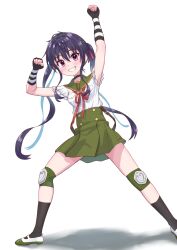  1girl black_choker black_gloves choker commentary_request ebisuzawa_kurumi fingerless_gloves gakkou_gurashi! gloves green_sailor_collar green_skirt grin hair_ribbon highres knee_pads long_hair megurigaoka_high_school_uniform neck_ribbon open_mouth posing purple_hair red_ribbon ribbon rokkii_(pixiv77873722) sailor_collar school_uniform serafuku shirt simple_background skirt smile suspender_skirt suspenders teeth twintails very_long_hair violet_eyes white_background white_shirt 