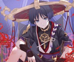  1boy arm_on_thigh armor bishounen black_bodysuit black_hair black_kimono black_shorts black_sleeves blunt_ends blurry blurry_background bodysuit closed_mouth covered_collarbone expressionless falling_petals flower genshin_impact gold gold_trim grey_eyes grey_pupils grey_veil hat indoors japanese_armor japanese_clothes jewelry jingasa juban kimono kote kurokote layered_sleeves looking_at_viewer male_focus mandarin_collar mitsudomoe_(shape) neck_ring o-ring open_clothes open_kimono petals purple_rope purple_sash purple_sleeves raised_eyebrow red_flower red_hat red_kimono red_petals red_sash rope saekiya_sabou sash scaramouche_(genshin_impact) scaramouche_(harbinger)_(genshin_impact) shimenawa short_sleeves shorts single_sode sitting solo spider_lily tassel tomoe_(symbol) tsurime twitter_username variant_set veil white_kimono white_rope wispy_bangs wolf_cut 