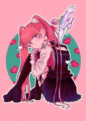 1girl absurdres aca-ne_(zutomayo) back_cutout black_boots black_shirt black_shorts black_skirt blush boots chain closed_mouth clothing_cutout commentary_request frilled_skirt frills from_behind full_body glint green_background gun hand_on_own_knee handgun hands_up head_on_knee heart high_heel_boots high_heels highres holding holding_gun holding_weapon knee_boots knees_up long_hair long_sleeves looking_at_viewer looking_back miiyo mirror_tune_(zutomayo) mole_beside_mouth multicolored_shirt outline pink_background pink_eyes pink_hair pixel_heart red_shirt shirt shorts shorts_under_skirt simple_background sitting skirt solo turning_head twintails two-tone_background very_long_hair weapon white_outline white_sleeves zutto_mayonaka_de_ii_no_ni 