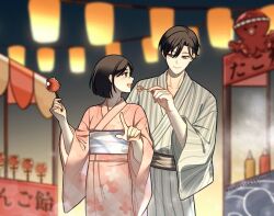  1boy 1girl black_hair blurry blurry_background candy_apple closed_mouth commentary_request cowboy_shot food fox_mask_(silent_hill) grey_eyes hair_between_eyes holding holding_candy_apple holding_food japanese_clothes kimono lantern_festival looking_at_another nairuiyaselana1 obi open_mouth pink_kimono pointing sash scar scar_on_cheek scar_on_face shimizu_hinako short_hair silent_hill_(series) silent_hill_f smile striped_clothes striped_kimono twitter_username 