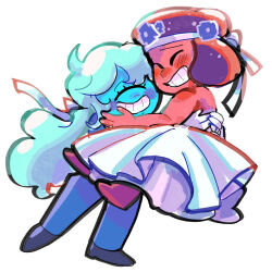  2girls black_shoes blue_hair blue_pants blue_skin blush blush_stickers carrying closed_eyes colored_skin commentary_request dress eyelashes fingernails flower gem_(steven_universe) gloves grin hair_flower hair_ornament hand_on_another's_face headband highres ikemen_san long_hair multiple_girls official_alternate_costume one-eyed pants princess_carry purple_hair red_skin ruby_(steven_universe) sapphire_(steven_universe) shoes short_hair simple_background smile steven_universe wedding_dress white_background white_dress white_gloves white_headband wife_and_wife yuri 