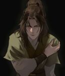  1boy artist_name black_background brown_eyes brown_hair brown_shirt chinese_clothes hair_tie half_updo jin_guangyao karmin long_hair long_sleeves looking_at_viewer male_focus modao_zushi serious shirt simple_background solo 