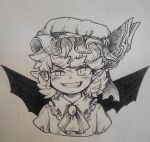  1girl ascot bat_wings commentary ezier greyscale hat hat_ribbon highres mob_cap monochrome pointy_ears remilia_scarlet ribbon short_hair solo touhou upper_body wings 