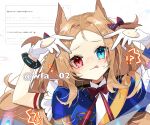  !? 1girl :p animal_ears archetto_(arknights) archetto_(publicity_strategy)_(arknights) arknights artist_name bird_ears bird_girl blue_dress blue_eyes blush bow bowtie bracelet brown_hair closed_mouth clothing_cutout commentary_request cutout_gloves double_v dress forehead gloves heart_cutout heterochromia infection_monitor_(arknights) itsuki_02 jewelry long_hair looking_at_viewer nose_blush official_alternate_costume red_bow red_bowtie red_eyes short_sleeves solo tongue tongue_out twitter_username upper_body v white_gloves 