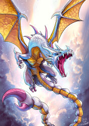  absurdres blue_eyes claws clouds cloudy_sky commentary_request commission dated dragon flying highres horns misogram monster monster_focus no_humans open_mouth outdoors pixiv_commission seiken_densetsu seiken_densetsu_2 sharp_teeth signature sky snow_dragon_(seiken_densetsu) solo spines tail teeth tongue very_long_tail 