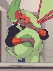  1boy :d bathroom black_hair black_hoodie blue_shorts ceiling chatea closed_eyes collared_shirt dark-skinned_male dark_skin flygon happy headband highres holding holding_phone holding_pokemon hood hood_down hoodie indoors male_focus open_mouth orange_headband phone pokemon pokemon_(creature) pokemon_sword_and_shield raihan_(pokemon) shirt shorts smile teeth tile_wall tiles upper_teeth_only 