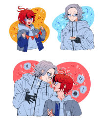  ! !! 2boys :d ? ahoge anger_vein aotsuki_eito black_gloves black_streaks blue_eyes blue_jacket breast_pocket cake cake_slice commentary_request cropped_torso face-to-face food glasses gloves grey_hair grey_jacket highres holding holding_plate hood hoodie jacket jacket_over_hoodie looking_at_viewer male_focus multicolored_hair multicolored_jacket multiple_boys multiple_views nodplus50pts open_clothes open_jacket pennant plate pocket red_hair short_hair smile spoken_anger_vein spoken_question_mark strawberry_shortcake streaked_hair string_of_flags sumino_takumi the_hundred_line_-last_defense_academy- two-tone_hair two-tone_jacket violet_eyes white_hoodie white_jacket 