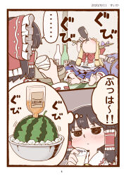  ... 2girls @_@ alcohol artistic_error barefoot blue_skirt blush bottle bow bowl bowtie cup drinking drunk feet food fruit gourd hair_tubes hakurei_reimu hand_up highres holding holding_cup horn_bow horn_ornament horns ibuki_suika ibuki_suika_(watermelon) ice multiple_girls name_connection oni poronegi red_bow red_bowtie sake sake_bottle skirt soles spoken_ellipsis toes touhou translated watermelon whiskey wristband 