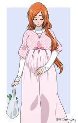  1girl absurdres alternate_costume alternate_hairstyle arm_at_side bag bleach bleach:_epilogue blue_background blush border bow breasts closed_eyes closed_mouth dress eyebrows_hidden_by_hair eyelashes facing_viewer feet_out_of_frame fingernails flower flower_necklace hair_ornament hand_on_own_stomach highres holding holding_bag inoue_orihime jewelry long_dress long_hair low_ponytail medium_breasts necklace orange_hair outside_border parted_bangs pink_bow pink_dress ponytail pregnant ring rozuberry shopping_bag simple_background sleeves_past_wrists snowflake_hair_ornament solo split_mouth spring_onion standing star_(symbol) star_hair_ornament star_necklace sweater twitter_username wedding_ring white_border white_sweater 