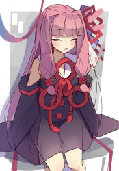  1girl bare_shoulders black_dress black_sleeves blunt_bangs blush border closed_eyes commentary cropped_legs detached_sleeves dress grey_background hair_ribbon highres kotonoha_akane long_hair long_sleeves open_mouth outside_border pink_hair red_ribbon ribbon sitting sleeveless sleeveless_dress sleeves_past_fingers sleeves_past_wrists solo tetenka voiceroid white_border 