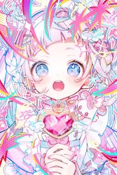  1girl :o apron blue_eyes blue_hair braid braided_base commentary creature ear_piercing floating_hair hair_ornament heart_wand highres holding holding_wand jacket long_hair madota_yuki multicolored_hair nail_polish nijisanji open_mouth outline piercing pink_hair pink_jacket pink_nails purin_lala_mode shiputan short_bangs solo twintails twintails_with_braided_base two-tone_hair untranslatable_commentary upper_body very_long_hair virtual_youtuber wand white_apron white_outline wing_hair_ornament 