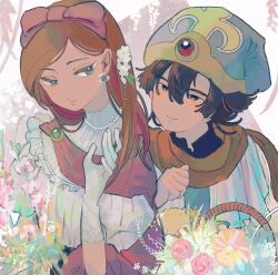  1boy 1girl aqua_eyes basket black_eyes black_hair blunt_bangs bow colored_eyelashes commentary_request cossa_(user_myuh2324) couple dragon_quest dragon_quest_x dress earrings firo_(dq10) flower gem gloves green_gem hair_bow hetero highres jewelry long_hair looking_to_the_side orange_hair orange_scarf pink_bow pink_flower pink_rose pink_scarf red_gem rizerotta_(dq10) robe rose scarf smile upper_body white_background white_dress white_flower white_gloves 
