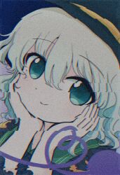  1girl azuma_meri black_hat blush close-up closed_mouth contrast_collar disembodied_linked_eye frilled_shirt_collar frilled_sleeves frills green_eyes green_hair hair_between_eyes hands_on_own_cheeks hands_on_own_face hat hat_ribbon heart heart_of_string highres komeiji_koishi looking_at_viewer medium_hair portrait ribbon shirt smile solo touhou yellow_shirt 