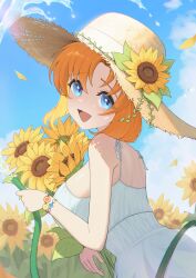  1girl :d absurdres back bare_arms bare_shoulders blue_eyes bracelet breasts commentary day dress field flower flower_field flower_in_hat hat highres higurashi_no_naku_koro_ni holding holding_hose hose jewelry large_breasts leaf medium_hair naeaemgung open_mouth orange_hair outdoors ryuuguu_rena smile solo spaghetti_strap straw_hat sun_hat sundress sunflower sunflower_field water white_dress 