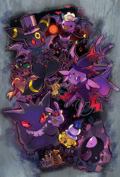  2016 black_sclera bow bright_pupils capelet closed_eyes closed_mouth clothed_pokemon colored_sclera commentary_request cosplay drifloon dusknoir espeon fake_wings fang forehead_jewel forked_tail full_body gastly gengar giratina giratina_(altered) goomy gourgeist grin halloween halloween_costume hat haunter jack-o'-lantern joltik kantarou_(8kan) mimikyu mismagius mismagius_(cosplay) no_humans one-eyed open_mouth outline pokemon pokemon_(creature) pokemon_focus purple_bow purple_capelet purple_hat purple_sclera rayman_limbs red_eyes red_sclera smile star_(symbol) tail teeth top_hat trevenant umbreon v-shaped_eyes white_eyes white_pupils wings zubat zubat_(cosplay) 
