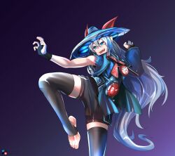  1girl :d absurdres animal_ears artist_name black_gloves black_shorts black_thighhighs blue_eyes blue_jacket commission commissioner_upload cosplay dota_(series) dota_2 fingerless_gloves gloves grey_hair hat highres horse_ears horse_girl horse_tail jacket long_hair non-web_source shorts single_sleeve smile solo stirrup_legwear storm_spirit_(dota_2) storm_spirit_(dota_2)_(cosplay) straw_hat tail tamamo_cross_(umamusume) the_raineman thigh-highs toeless_legwear toes umamusume 