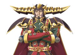  1boy armor beard black_hair brown_eyes brown_hair cape closed_mouth crimson_shogun crossed_arms facial_hair fake_horns game_asset gem hanataka_retomo helmet horned_helmet horns large_variant_set looking_at_viewer male_focus mustache non-web_source official_art self-datamine simple_background smile solo suisei_tenshi_primaveil_zwei tachi-e transparent_background upper_body variant_set 