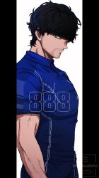 1boy beard_stubble black_border black_hair border facial_hair highres hyakuemu komiya_(hyakuemu) looking_at_viewer looking_to_the_side male_focus nusushito pillarboxed short_hair simple_background solo stubble track_uniform upper_body watermark white_background 